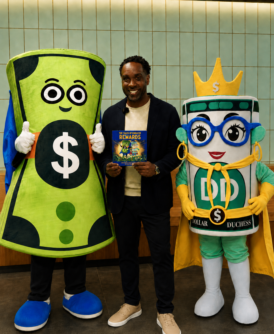 Dave Alexandre holding The Tales of Endless Rewards between the Captain Cash and Dollar Duchess mascots